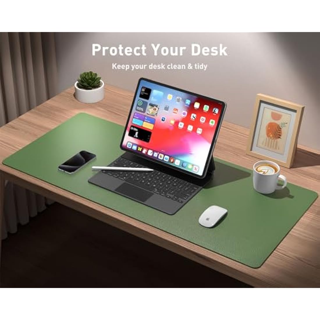 Aothia Leather Desk Mat, Large Mouse Mat, Non-Slip Desk Pad Desk Protector Mat, Waterproof PU Leather Laptop Mat Table Mat Desk Writing Pad for Office and Home(91cmx43cm, Olive Green)