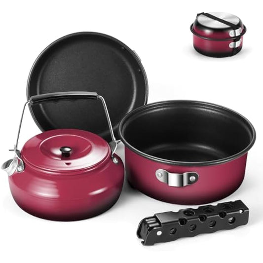 Odoland 5pcs Camping Cookware Mess Kit, Non-Stick Lightweight Pot Pan Kettle Set with a removable handle - Perfect for Backpacking, Camping, Hiking, and Picnic