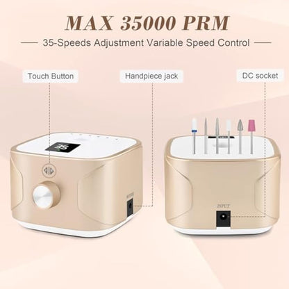 Kredioo Nail Drill 35,000RPM, Electric Nail File for Acrylic and Gel Nails, Professional Nail Drill Machine, Manicure Pedicure Kit with 11 Bits, LCD Display, Touch Button (Gold)