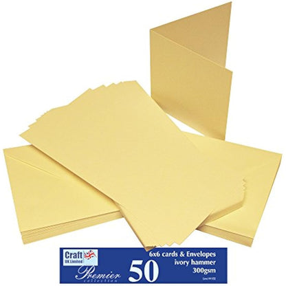 Craft UK W102 6 x 6 Inch Ivory Hammered Card and Envelope Pack of 50