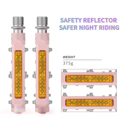 GEWAGE Bike Pedals With Reflective Strips, 3 Sealed Bearings Non-Slip CNC Aluminum Bicycle Platform 9/16" Pedals For Road Bike MTB E-Bike. (Pink)