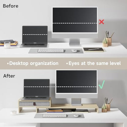 Fenge Dual Monitor Stand With Drawer - 2 Shelf Riser With Adjustable Length and Angle, Wood Stand for 2 Monitors, Laptop PC, Computer, Printer, Desktop Organizer, Oak