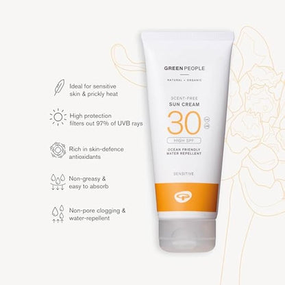 Green People Scent Free Sun Cream SPF30 - Natural Sunscreen for Face & Body - Suitable for Sensitive Skin - Non Comedogenic, Reef Safe, 200ml