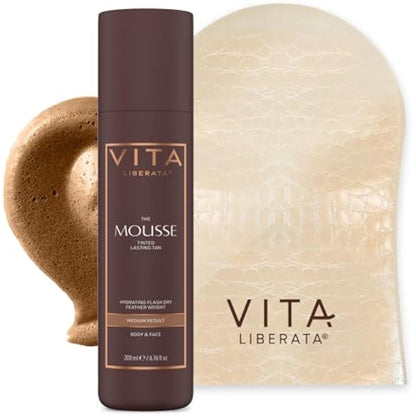 VITA LIBERATA, Tinted Tanning Mousse Medium 200ml & Mitt Bundle, Fast Drying Formula, Tinted for even & streak-free application, Natural & Organic Ingredients, Tanning Mitt for Flawless Application