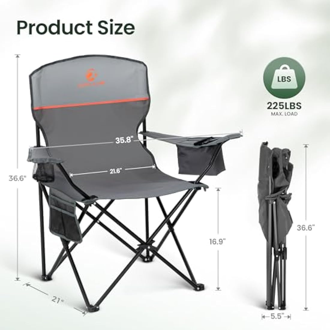 ALPHA CAMP Set of 2 Folding Camping Chairs with Cooler Bag & Cup Holder & Side Pocket Up to 120kg, Lightweight and Portable Camping Chair for Adults, Grey