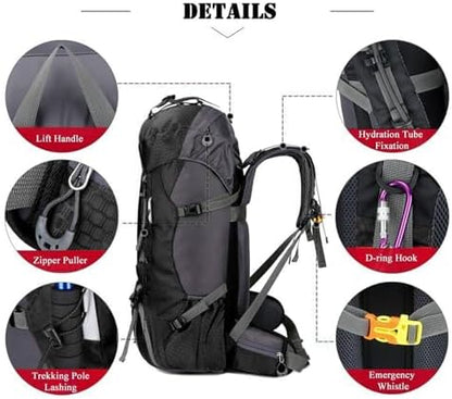 Bseash 60L Waterproof Hiking Camping Backpack with Rain Cover, Lightweight Outdoor Sport Travel Daypack Rucksack for Climbing Skiing