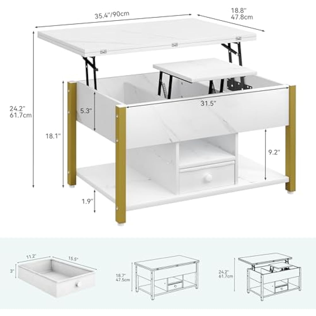 YITAHOME Lift Top Coffee Table with Drawers, 4 in 1 Multi-Function Liftable Coffee Table with Storage Space, Converts to Dining Table for Living Room Dining Room, White Marble