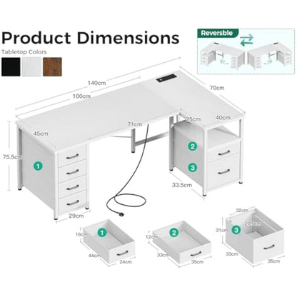 Coleshome Computer Corner Desk with Drawers, 140×70 cm L Shaped Office Desk with Power Outlet, Reversible Study PC Table with Storage for Bedroom, White