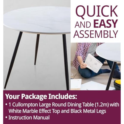 Hallowood Furniture Cullompton Large Marble Effect Top White Dining Table with Black Metal Legs, 4-6 Seater Round Table for Dining Rooms, Kitchens, or Cafés