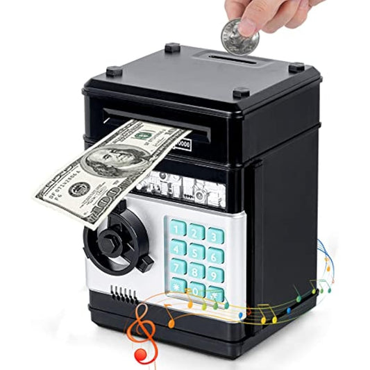 Thedttoy Digital Money Box Mini ATM Safe Money Bank for 3 4 5+ Years Old Kids, Cash Coins Saving Box Safe Money Box for Boys Girls, Perfect Piggy Bank Toy Gifts for Birthday Children's Day (Black)