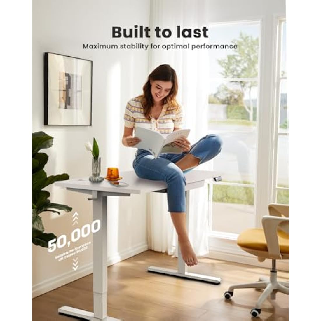 ErGear Electric Standing Desk 120 x 60 cm, Height Adjustable Desk, Sit Stand Table with Easy-Glide Drawer & 4 Memory Smart Pannal, T-Leg Design for Stability, Splice Board, White Frame & Surface