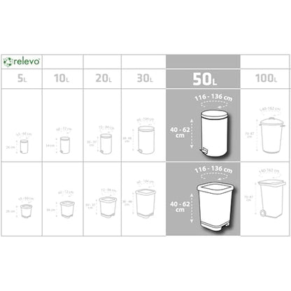 Relevo Bin Bags 50 Litre – Made from 100% Recycled Material. Dimensions: 70 cm x 75 cm. Includes 30 Bin Liners 50L