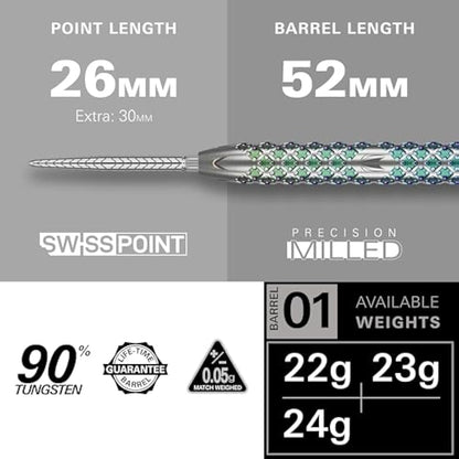 TARGET Darts Rove Steel Tip Swiss Point Darts, 90% Tungsten Dart Set | Steel Tip Dart, Green & Silver Darts, Professional Dart Set with Swiss Points & Tool | Barrel 01/02/03 –22G/23G/24G/25G