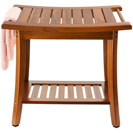 Utoplike Teak Shower Bench Seat with Handles, Wooden Spa Bathing Stool with Storage Shelf, 2-Tier Large Waterproof Chair for Bathroom and Bedroom, Livingroom Use