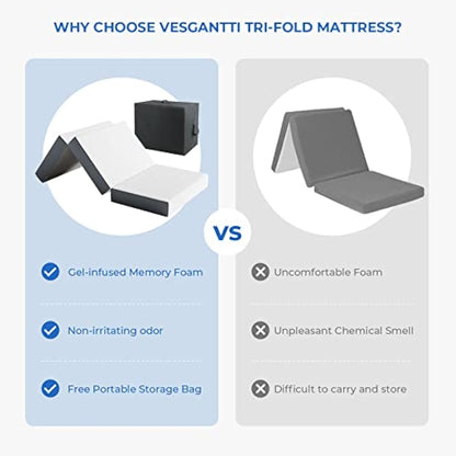 Vesgantti Folding Mattress Single Size with Storage Bag, 10CM Gel Memory Foam Foldable Mattress Tri-fold for Travel, Camping, Guest Bed - 100-Night Trial, CertiPUR-US Certified