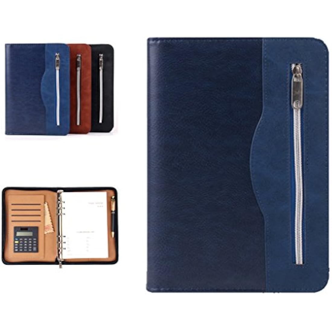 Gift for Men,SAYEEC A5 Executive Conference Folder Travel Portfolio Ringbinder Folio Zip Around PU Leather Loose Leaf Refillable Lined Paper Business Notebook Zipped Organiser with Calculator (Blue)