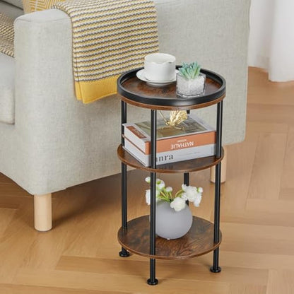 YEAKOO Nordic End Table, 3-Tier 30cm Round Side Table with Storage Shelf Edge Protection Tray, Sturdy Metal Frame Coffee Table Bedside Table for Living Room Bedroom Small Spaces-Rustic Brown