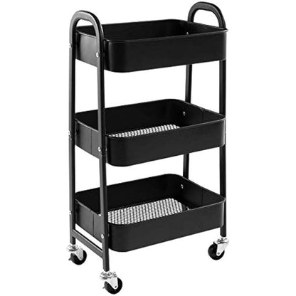 DOEWORKS Storage Trolley on Wheels Metal 3 Tier Trolley Cart Kitchen Trolley Craft Trolleys Beauty Trolleys Rolling Storage Utility Cart for Books Room Bathroom Office, Black
