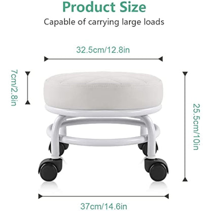 FURWOO Roller Seat PU Leather Low Round Rolling Floor Stool with Universal Caster Wheels for Home Fitness Sport Pedicure Stool, H：25.5cm(White)