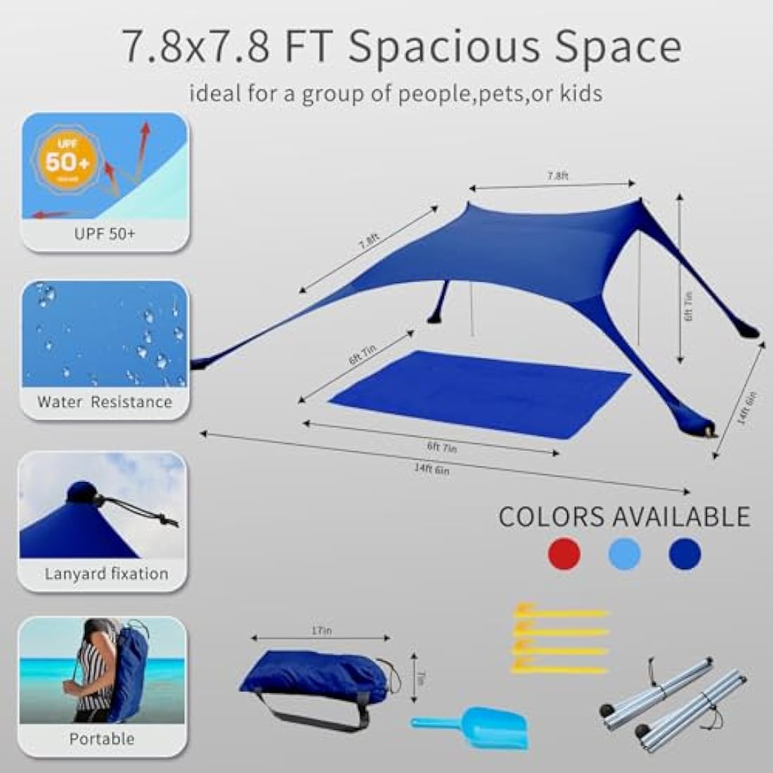 CUUPO 7×7 FT Beach Tent Sun Shelter UPF50+ UV Protection, Outdoor Small Canopy Tent Sun Shade with 2 Poles for Camping, Beach, Fishing, Backyard and Picnics Navy Blue