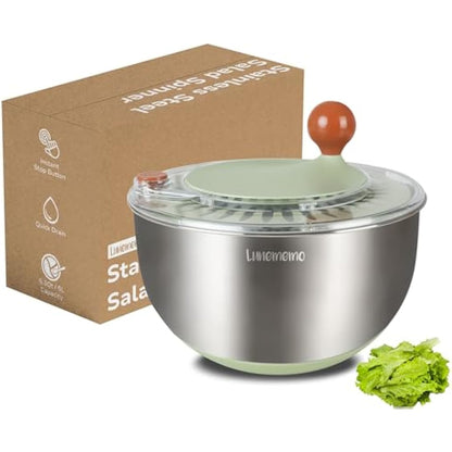 Lunememo Stainless Steel Salad Spinner, Lettuce Spinner with Drain, Non-Slip Base, Stop Button, Vegetable Dryer, BPA Free, 5L