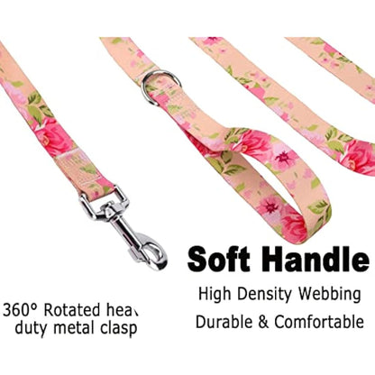 Mihqy Dog Collar and Lead Set with Bohemia Floral Tribal Geometric Patterns - Soft Ethnic Style Collar Adjustable for Small Medium Large Dogs(Pink Rose Set,M)