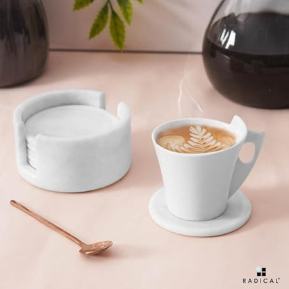 Radicaln Marble Coasters for Drinks - 3.5 Inch Set of 6 White Round Coasters with Holder - Perfect for Coffee Table & Home Office