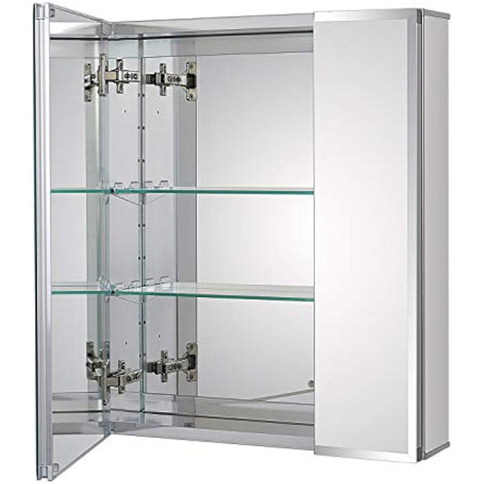 Fundin Aluminum Mirror Cabinet for Bathroom Recess Mount or Surface Mount, with Double Sided Mirror Door, 50 x 61 cm, with Adjustable Tempered Glass Shelves