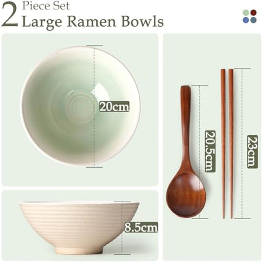 NUTRIUPS 1200ml Ceramic Ramen Bowl Set of 2 Noodle Bowls with Chopsticks and Spoons(Teal)