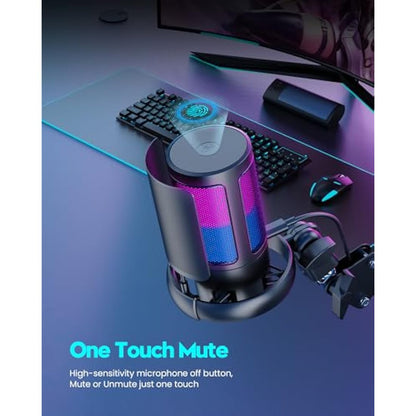 QIUOIO RGB Gaming Microphone with Boom Arm: USB Mic for PC - Streaming & Podcast Microphone Accessory - Suitable for YouTube & TikTok