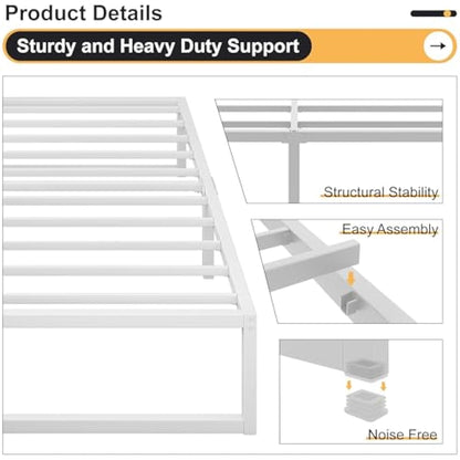 Yicensen Single Bed Frame 90x190 cm, Metal Bed Frame Single with Steel Slat Support, Easy Assembly, Noise Free, No Box Spring Needed, 30cm High, White