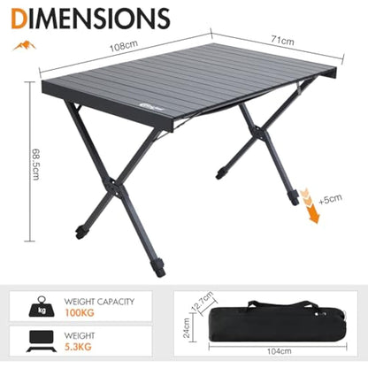 PORTAL Large Camping Table Folding 108x71cm Height Adjustable Picnic Table Foldable All Aluminum Roll Up Top Collapsible Outdoor Desk Lightweight Garden Table Load 100KG for Caravan BBQ Dining Beach