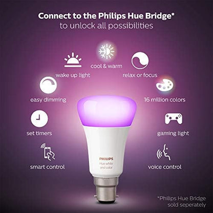 Philips Hue White and Colour Ambiance Mini Starter Kit [B22 Bayonet Cap] Includes 2 Smart LED Bulbs and a Hue Bridge, Compatible with Alexa, Google Assistant and Apple Homekit