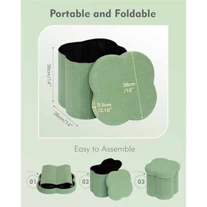 Bonlife Green Ottoman Storage Box,Teddy Storage Seat Box,Folding Small Footstool For Living Room,Kid's Toy Chest Box,Flower Shape,38x38x38cm