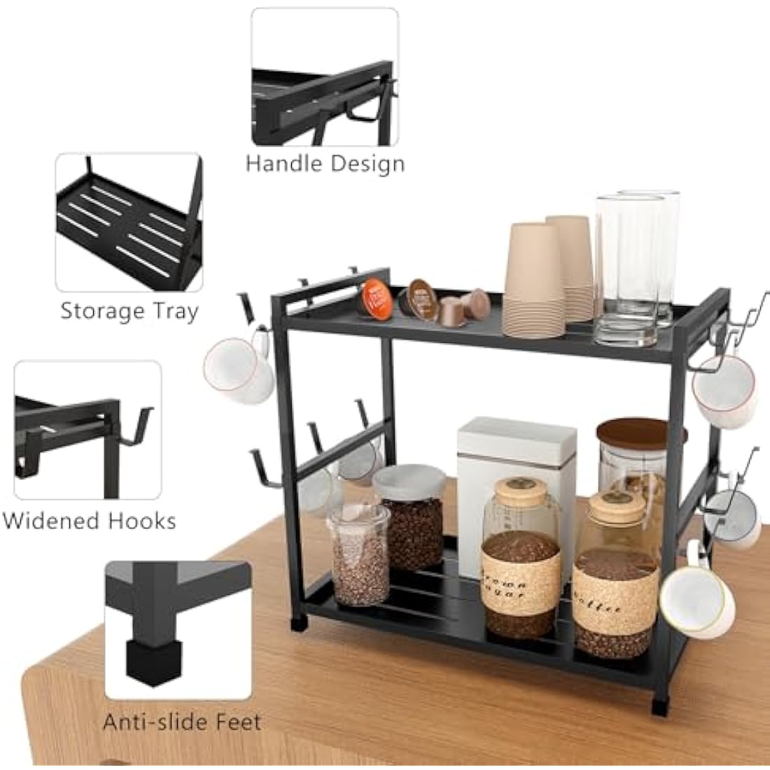 Bethom Coffee Cup Holder Kitchen 12 Hooks Kitchen Storage Rack 2 Tier Coffee Station Organizer Metal Mug Stand Mug Holders for Kitchen Tea Coffee Bar, Black