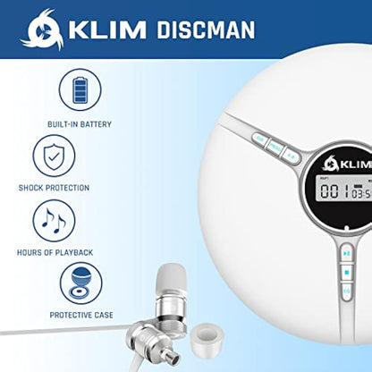 KLIM Discman Portable CD Player with Headphones, Built-in Battery - New - CD Players for Home, Car - Compatible w/SD Card, CD, CD-R, CD-RW, MP3, WMA - 5 EQ Effects - Walkman CD Player - White
