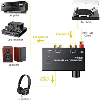 PROZOR Phono Preamp - Preamplifier for M/M Turntable RCA Input & RCA 3.5mm Output Phono Amplifier with Volume Control Pre AMP with 12V 1A Power Adapter Only for M/M Turntable Record Player