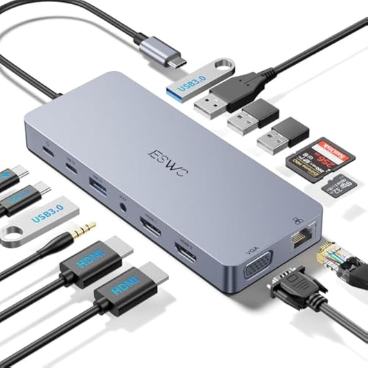 Docking Station Dual Monitor 14-in-1 USB C Hub with 3 Displays, USB-C Dock Multiport Adapter to 2 HDMI,VGA, Ethernet,6 USB A/C 3.0 Ports,100W PD,Audio,SD/TF, Docking Stations for Dell HP Laptop