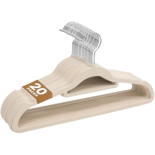 Sasha Morel 20 Pack Velvet Coat Hangers – Non Slip Velvet Hangers for Clothes, Space Saving Adult Hangers with Tie Organizer & Swivel Hooks – Clothes Hangers Wardrobe Storage - Cream