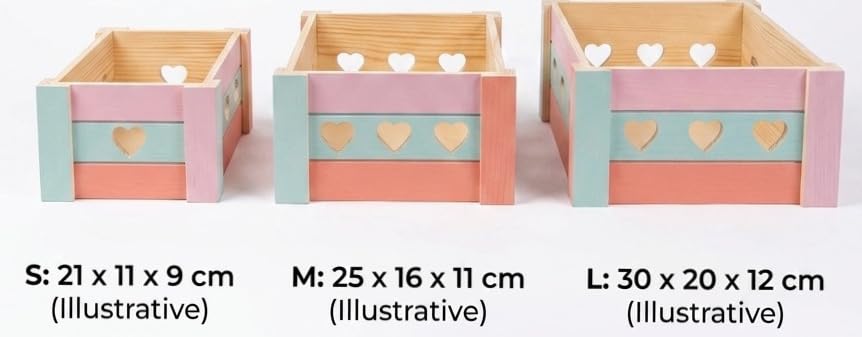 Set of 3 Wooden Crates with Heart Design – Living Room Storage & Gift Boxes – Stackable Decorative Pine Wood Boxes