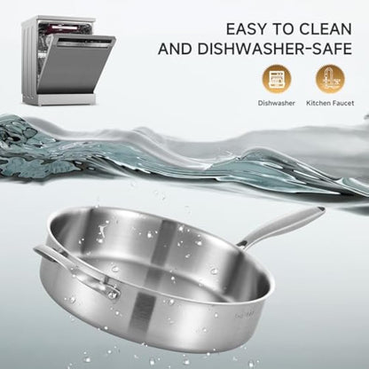 Inqibee 2.5 L Tri-Ply Stainless Steel Sauté Pan with Lid,26 CM Induction Frying Pan,Detachable Ergonomic Handle and Oven Safe