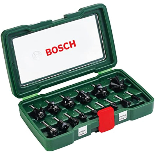 Bosch 2607019468 15-Piece Carbide Router Bit Set (for Wood, 1/4-Inch Shank, Accessories for Routers), Silver/Black