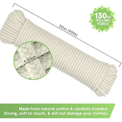 “The Strongest” Natural Cotton Clothesline Pulley by Smith’s® | 30m/99ft X 5.5mm | Soft Braided 130kgs Pulling Force Rope | Snag & Tear Resistant | 1 Year Guarantee!