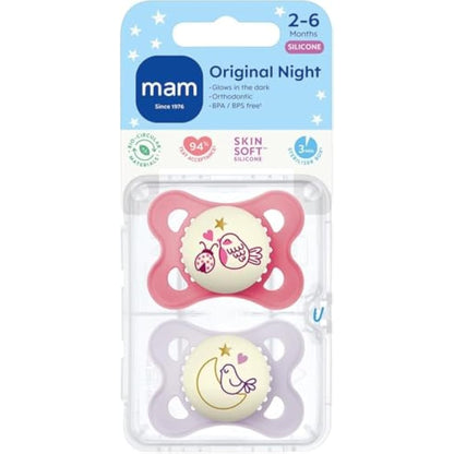 MAM Original Night Soothers | 0-6 Months | 2 Pack | Glow in The Dark | Comes in Dummy Steriliser Case | Sustainable Materials | Baby Accessories | Pink (Various Designs)
