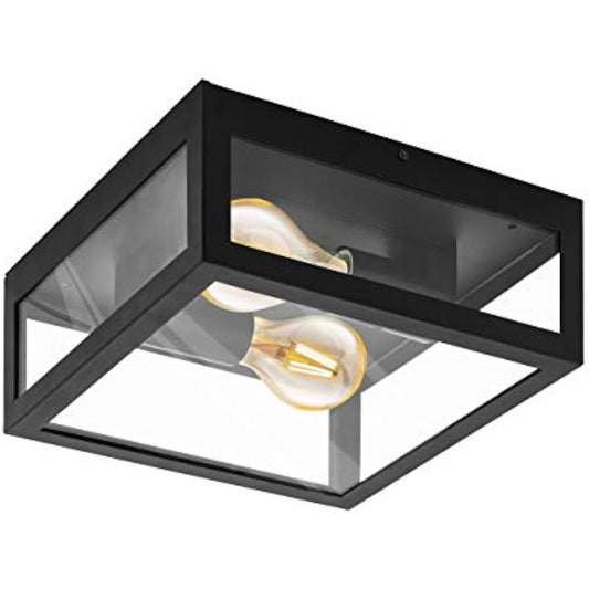 Eglo Alamonte 1 Outdoor Ceiling lamp, 2-Flame Outdoor Wall Light, Black galvanised Steel with Clear Glass Ceiling Light, E27 Socket, IP44