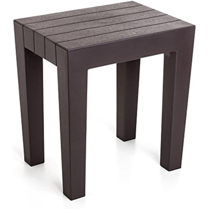 TATAY rectangular stool made of brown textured polypropylene, with a wood effect finish. Anti-UV protection, suitable for indoor and outdoor use. Size 38x29x41m5 cm