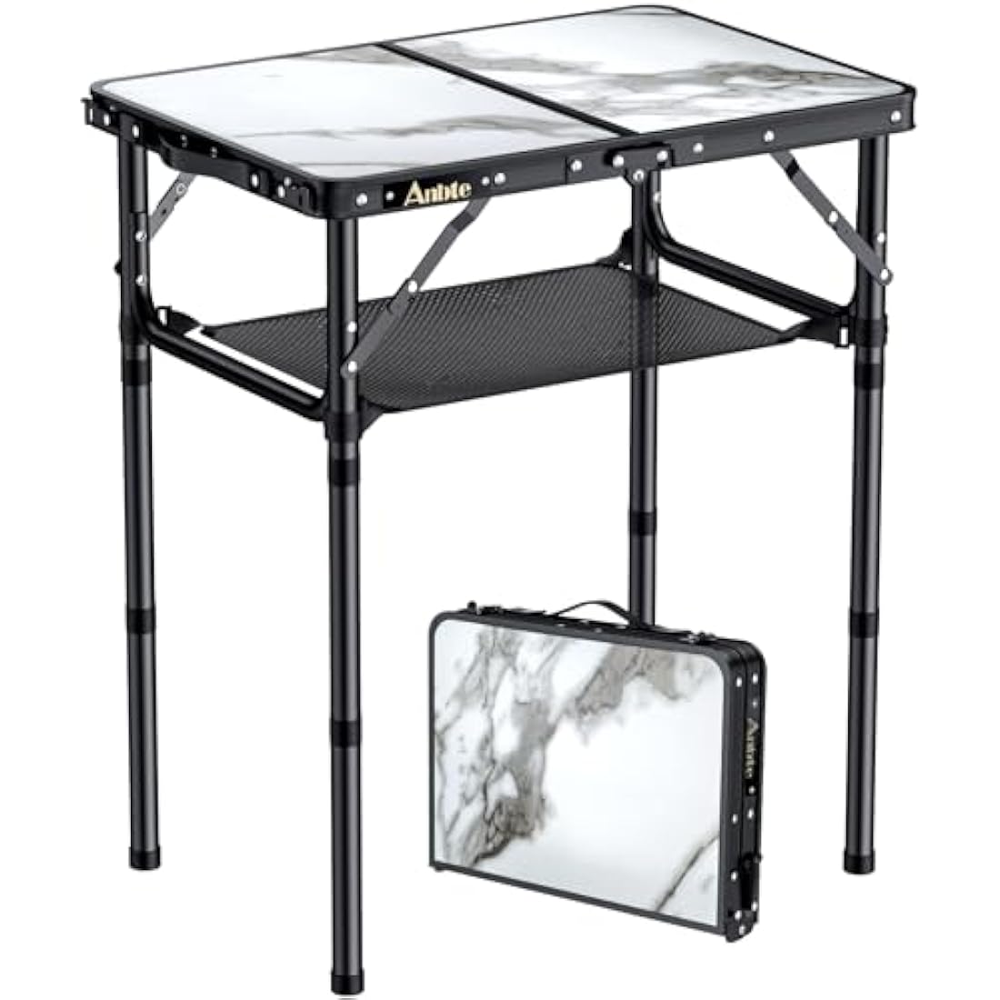 Anbte Folding Camping Table with Storage Net, 3 Adjustable Heights Aluminum Small Folding Table with Carry Handle, Lightweight, for Outdoor Indoor Travel Camping Picnic BBQ Beach, 58 cm x 40 cm