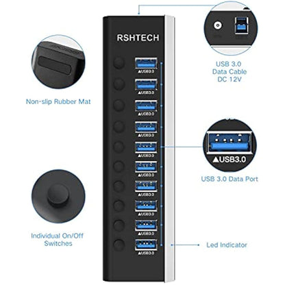 RSHTECH Powered USB 3.0 Hub Aluminum 10 Port USB 3.0 Data Hub with 12V/3A (36W) Power Adapter and Individual On/Off Switches & LED (RSH-A10)