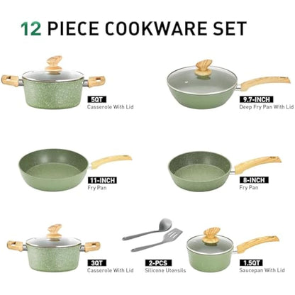 Kitchen Academy 12 Pieces Nonstick Pots and Pans Set, Induction Cooking Pan Set, Non Stick Saucepan Set, Frying Pan Set (Green)