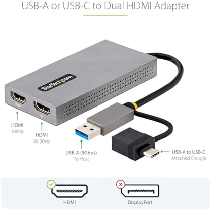 StarTech.com USB 3.0 or USB-C to Dual HDMI Adapter for Windows & macOS, 2x HDMI Displays (1x 4K30Hz, 1x 1080p), Integrated USB-A to C Dongle, 4in/11cm Cable (107B-USB-HDMI)